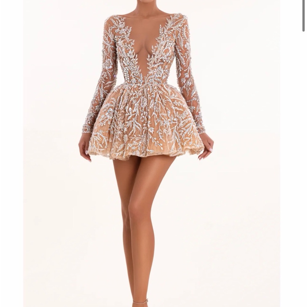 Chic Tan Lace Long Sleeve Dress